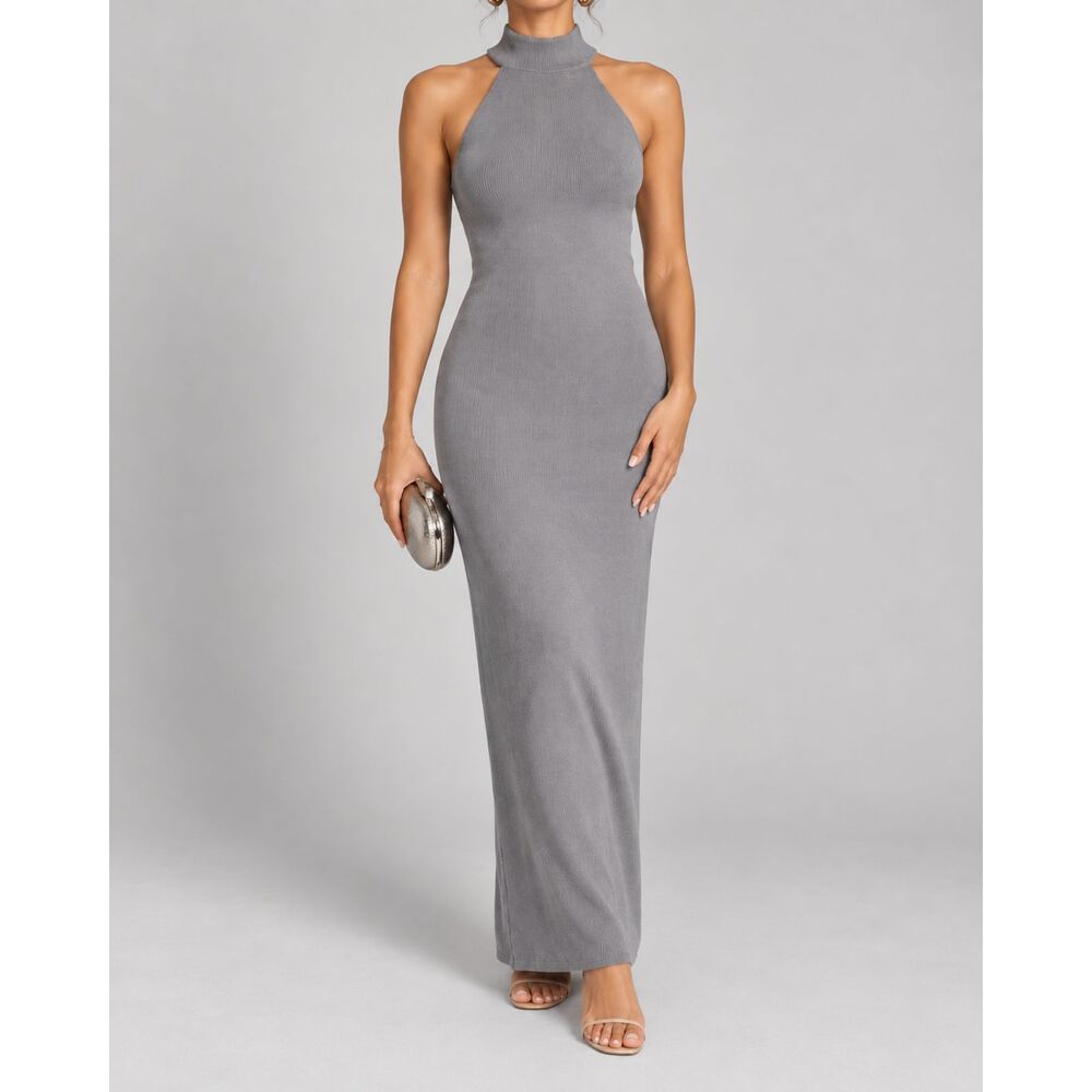 Robert Rodriguez Gray Ribbed Knit Maxi Dress Size L Halter Mock Neck Bodycon